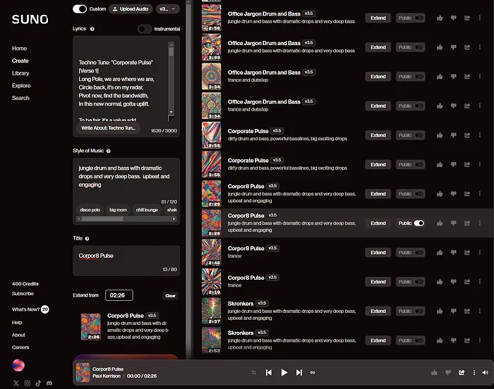 Suno music creation interface